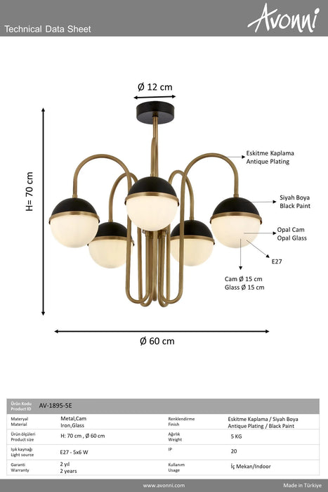 Lustra modern Avonni AV-1895-5E, 5 globuri opal, finisaj auriu antichizat & negru, structură metal, Ø60 cm, E27