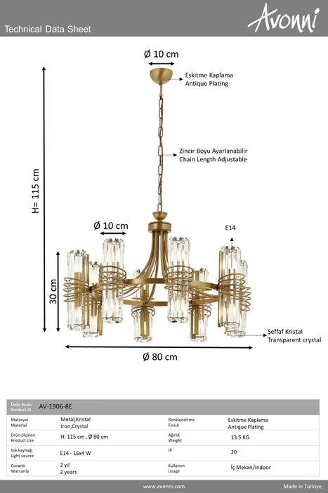 Lustră Avonni AV-1906-8E, finisaj antichizat, Ø80 cm, 16xE14, metal și cristal, design vintage elegant
