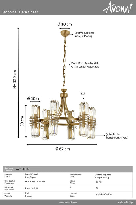 Lustră Avonni AV-1906-6E, finisaj antichizat, Ø67 cm, 12xE14, metal și cristal, design vintage elegant