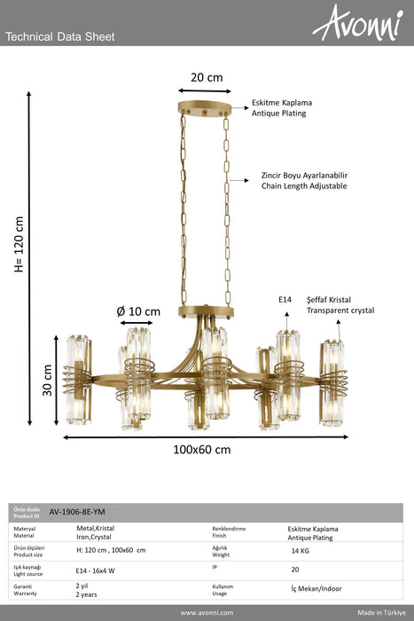 Lustră Avonni AV-1906-8E-YM, finisaj antichizat, , 16xE14, metal și cristal, design vintage elegant