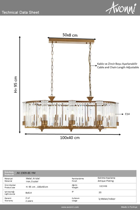 Lustră Avonni AV-1909-8E-YM, finisaj antichizat, , 8xE14, metal și cristal, design vintage elegant