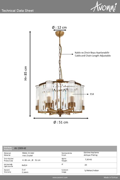 Lustră Avonni AV-1909-6E, finisaj antichizat, Ø50 cm, 6xE14, metal și cristal, design vintage elegant