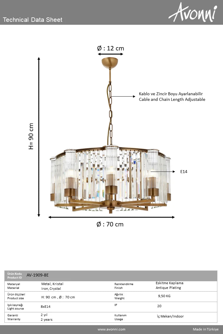 Lustră Avonni AV-1909-8E, finisaj antichizat, Ø70 cm, 8xE14, metal și cristal, design vintage elegant