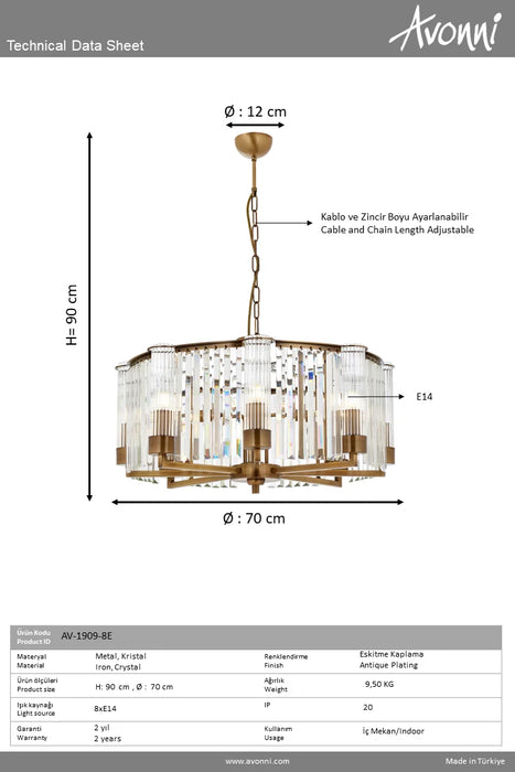 Lustră Avonni AV-1909-8E, finisaj antichizat, Ø70 cm, 8xE14, metal și cristal, design vintage elegant