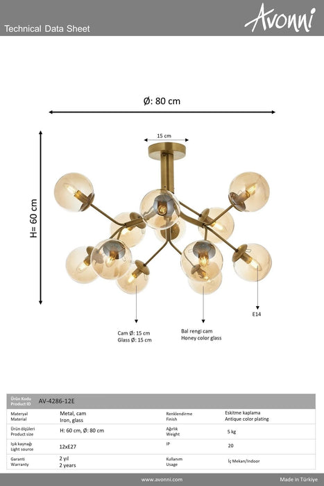 Lustră Avonni AV-4286-12BSY, vopsea neagră, Ø15 cm, 12xE14, metal și sticlă, design vintage elegant