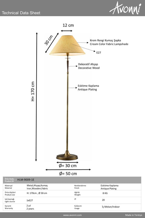 Lampadar Avonni HLM-9009-1E, finisaj antichizat, Ø50 cm, 1xE27, metal și lemn și textil, design vintage elegant