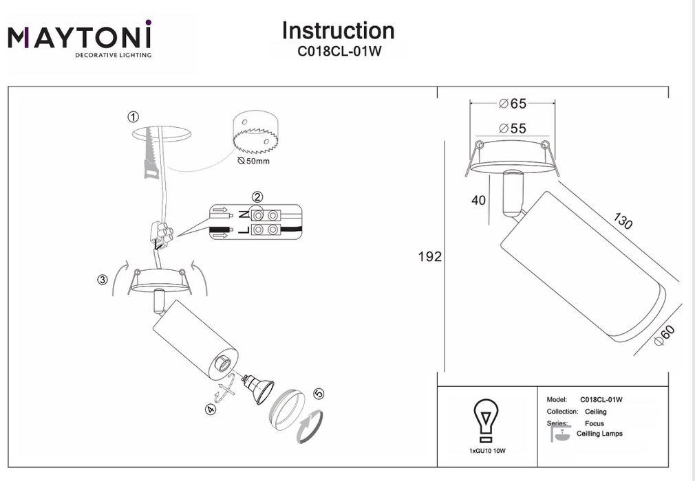Spot aplicat Maytoni Technical Focus Alb, 1XGU10, C018CL-01W
