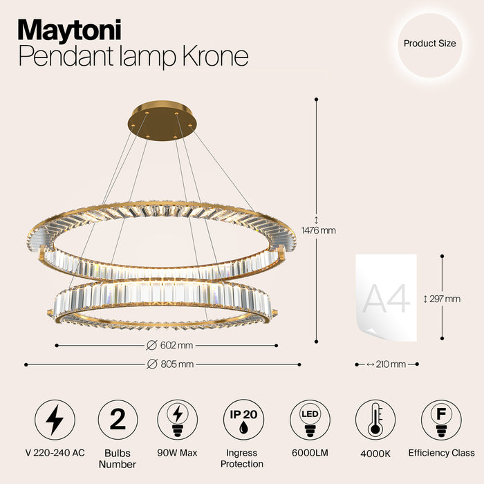 Lustra LED Maytoni Modern Krone Auriu 2, LED 90W, 4000K, 6000 lm, P097PL-L90G4K