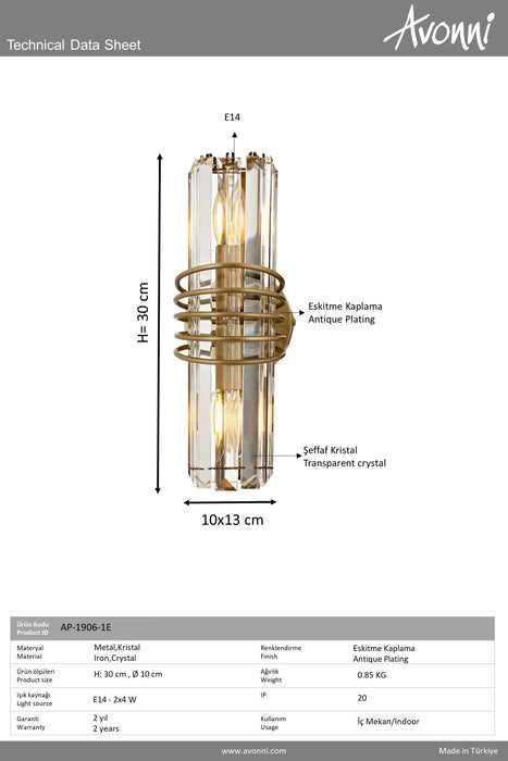 Aplică Avonni AP-1906-1E, finisaj antichizat, Ø10 cm, 2xE14, metal și cristal, design vintage elegant