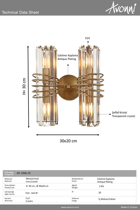 Aplică Avonni AP-1906-2E, finisaj antichizat, , 4xE14, metal și cristal, design vintage elegant