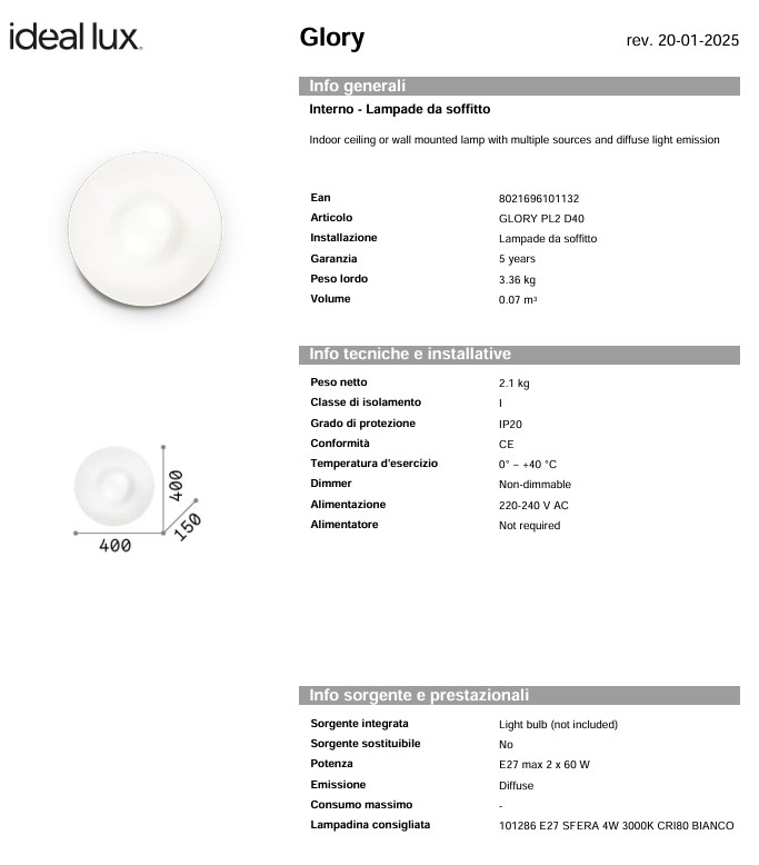 Plafoniera GLORY Ideal Lux, E27 max 2 x 60W, D40, Alb