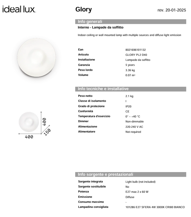 Plafoniera GLORY Ideal Lux, E27 max 2 x 60W, D40, Alb