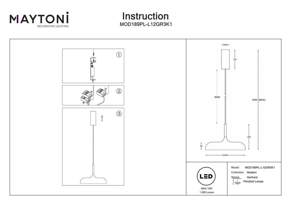 Lustra LED Maytoni Modern Gerhard, Gri, LED 19W, 1000lm 3000K MOD189PL-L12GR3K1