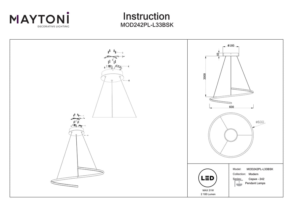 Lustra LED Maytoni Modern Curve, Alama, LED 31W, 2100lm  MOD242PL-L33BSK