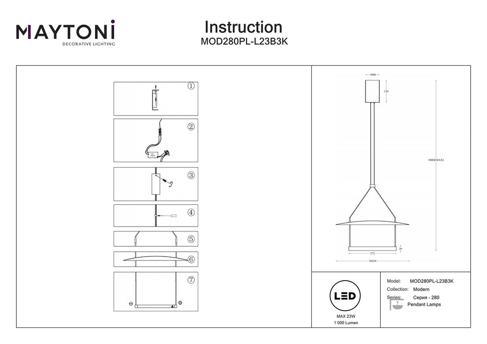 Lustra LED Maytoni Modern Ambience, Negru, LED 23W, 1000lm 3000K MOD280PL-L23B3K