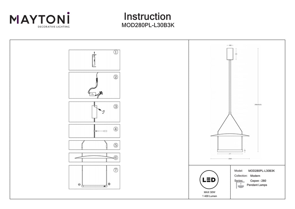 Lustra LED Maytoni Modern Ambience, Negru, LED 30W, 1400lm 3000K MOD280PL-L30B3K