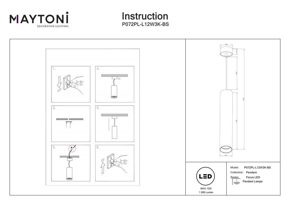 Lustra LED Maytoni Technical Focus LED, Alama, LED 12W, 1000lm 3000K P072PL-L12W3K-BS