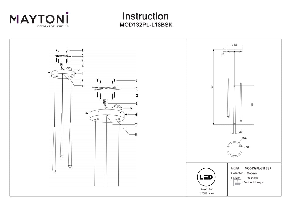 Lustra LED Maytoni Modern Cascade, Alama, LED 19W, 1500lm  MOD132PL-L18BSK