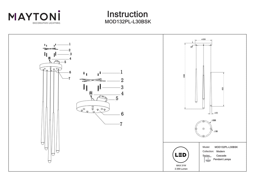 Lustra LED Maytoni Modern Cascade, Alama, LED 31W, 2250lm  MOD132PL-L30BSK