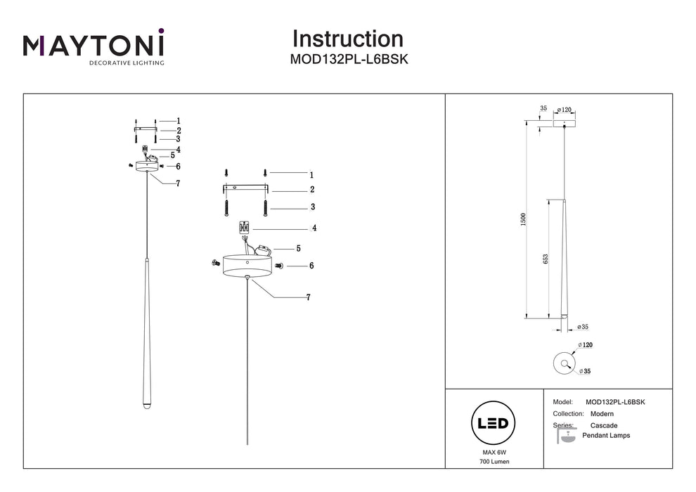 Lustra LED Maytoni Modern Cascade, Alama, LED 6W, 700lm  MOD132PL-L6BSK