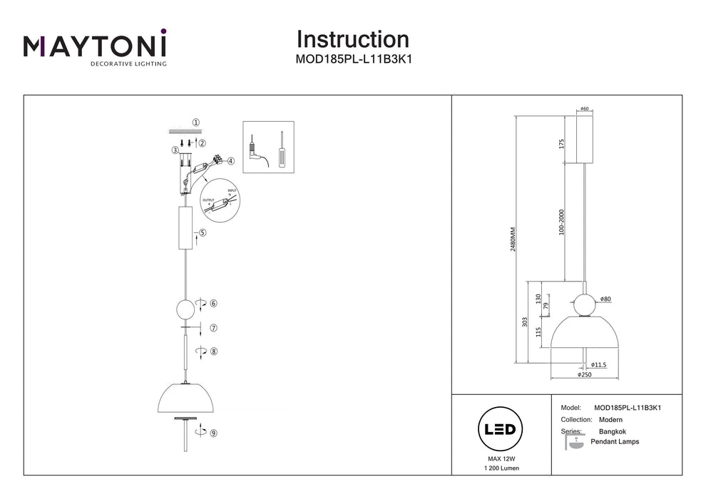 Lustra LED Maytoni Modern Bangkok, Negru, LED 12W, 1200lm 3000K MOD185PL-L11B3K1