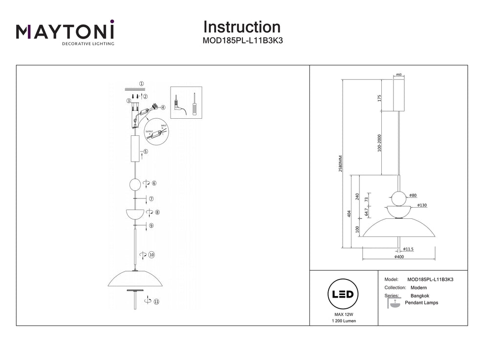 Lustra LED Maytoni Modern Bangkok, Negru, LED 12W, 1200lm 3000K MOD185PL-L11B3K3