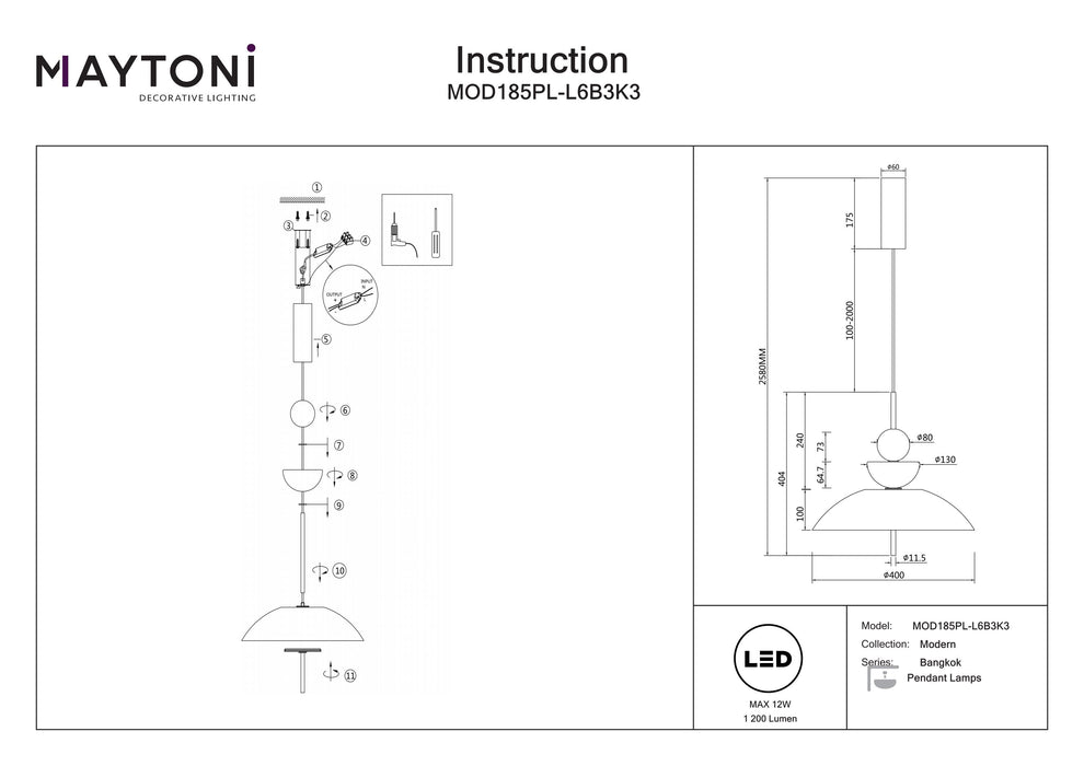 Lustra LED Maytoni Modern Bangkok, Negru, LED 12W, 1200lm 3000K MOD185PL-L6B3K3