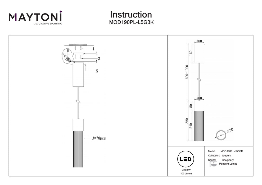 Lustra LED Maytoni Modern Imaginary, Auriu   , LED 5W, 100lm 3000K MOD190PL-L5G3K