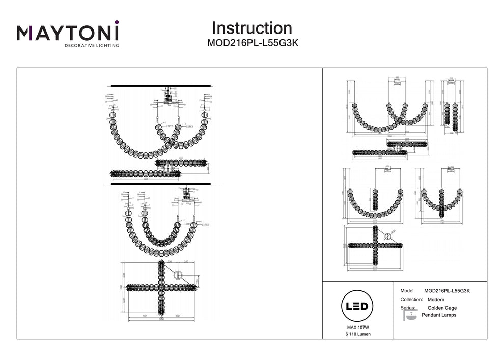 Lustra LED Maytoni Modern Golden Cage, Auriu   , LED 107W, 6110lm 3000K MOD216PL-L55G3K