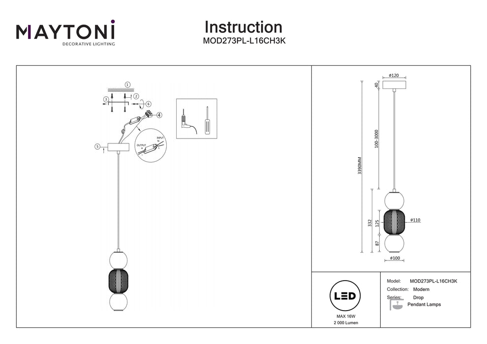 Lustra LED Maytoni Modern Drop, Crom, LED 16W, 2000lm 3000K MOD273PL-L16CH3K