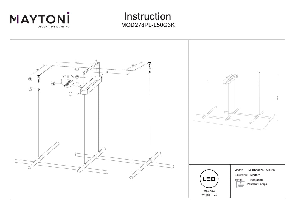 Lustra LED Maytoni Modern Radiance, Auriu , LED 50W, 2150lm 3000K MOD278PL-L50G3K