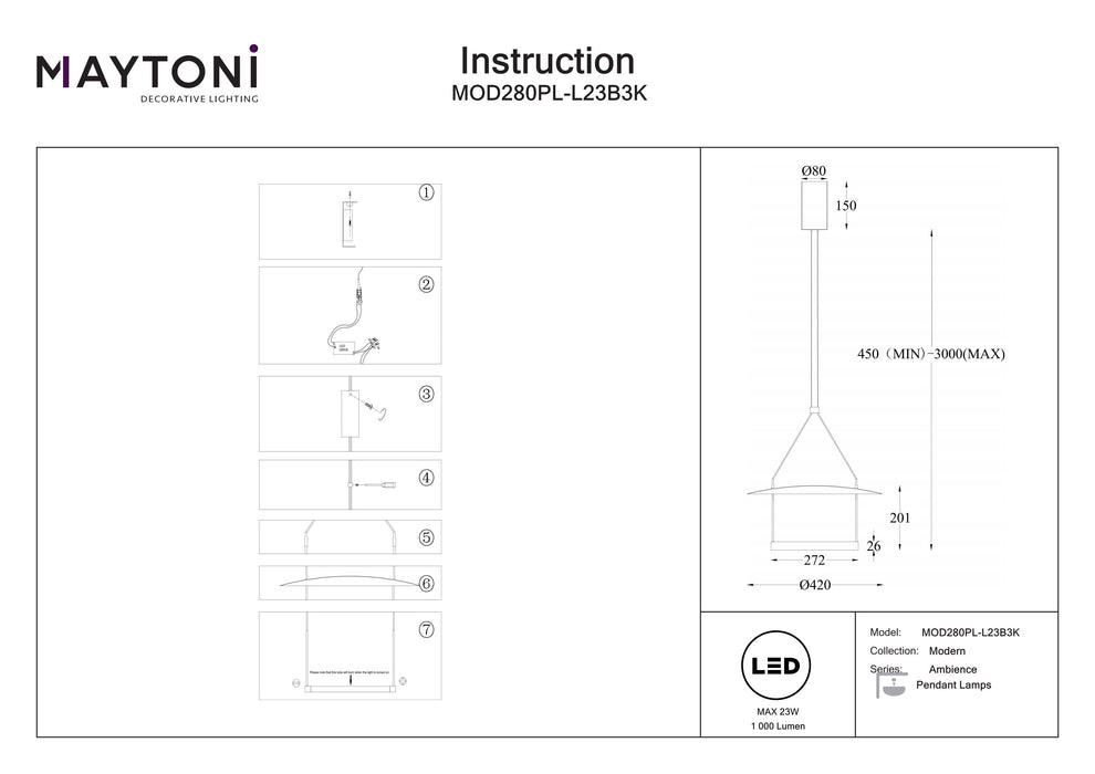 Lustra LED Maytoni Modern Ambience, Negru, LED 23W, 1000lm 3000K MOD280PL-L23B3K