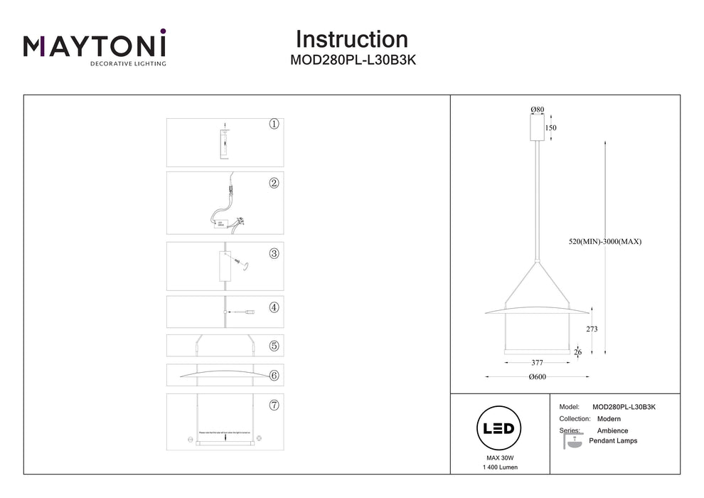 Lustra LED Maytoni Modern Ambience, Negru, LED 30W, 1400lm 3000K MOD280PL-L30B3K