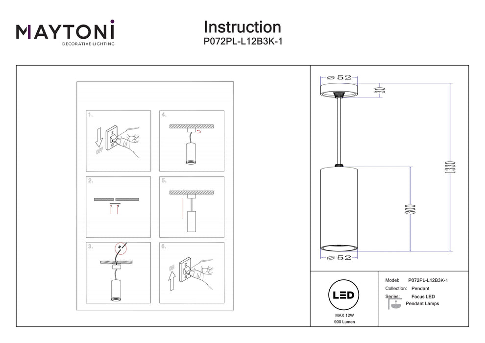 Lustra LED Maytoni Technical Focus LED, Negru, LED 12W, 900lm 3000K P072PL-L12B3K-1