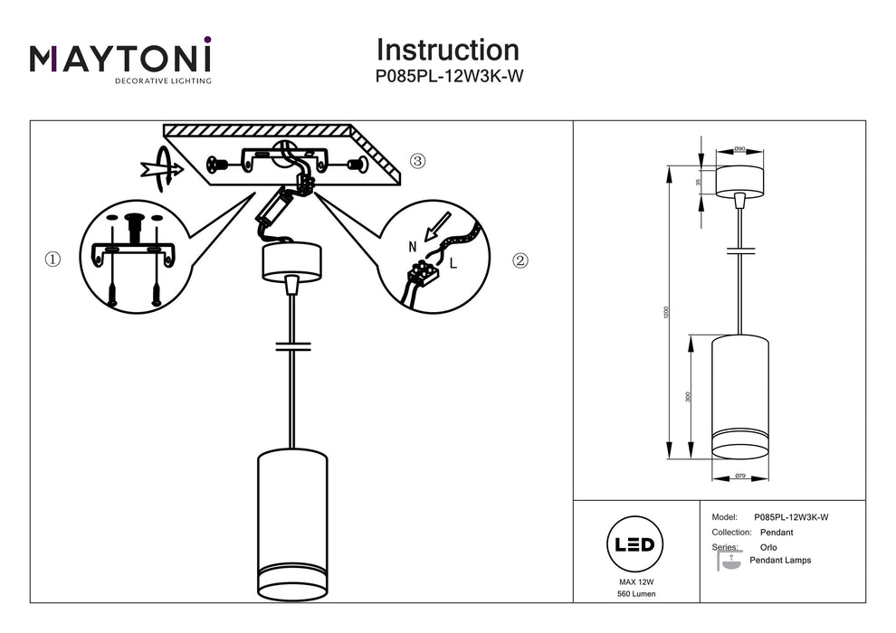 Lustra LED Maytoni Technical Orlo, Alb, LED 12W, 560lm 3000K P085PL-12W3K-W