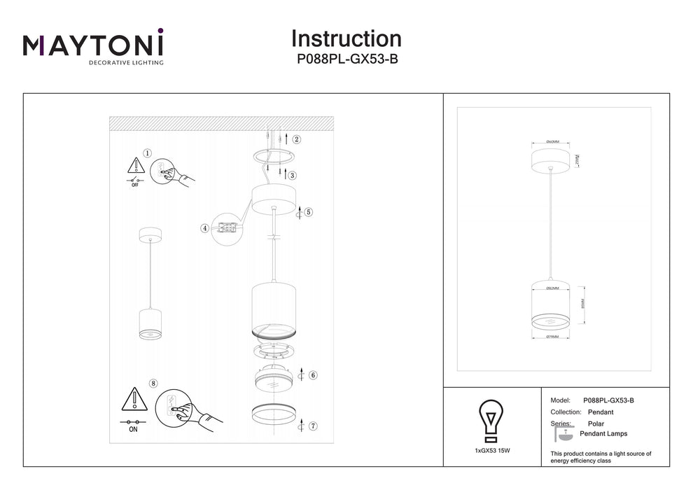 Lampa Suspendata Maytoni Technical Polar, Negru, GX53 15W,   P088PL-GX53-B