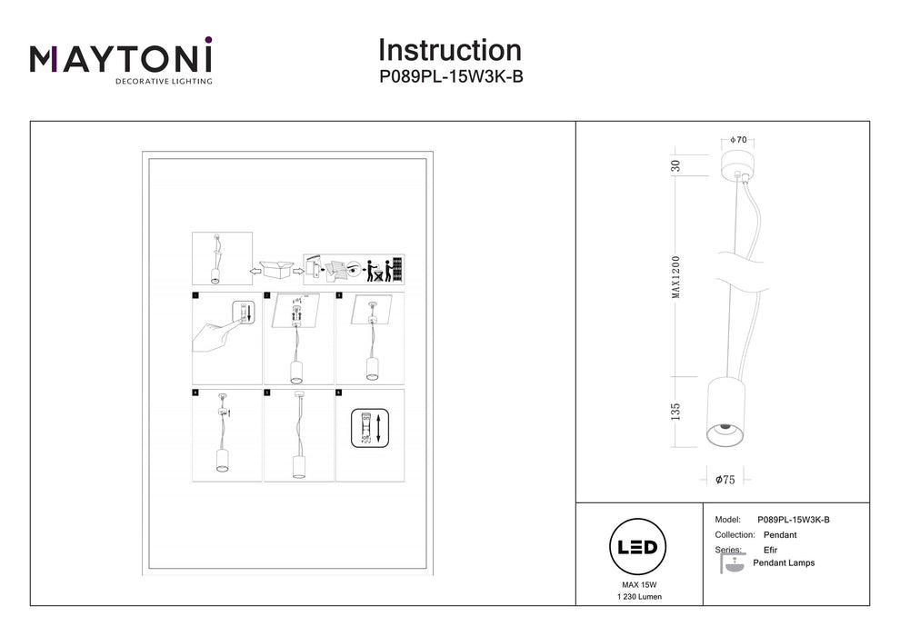 Lustra LED Maytoni Technical Efir, Negru, LED 15W, 1230lm 3000K P089PL-15W3K-B