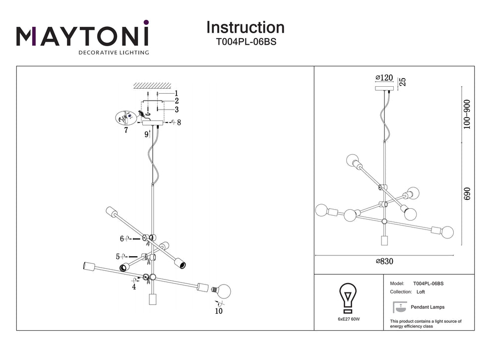 Lustra Loft Maytoni Loft Series - 004, Alama, E27 60W,   T004PL-06BS