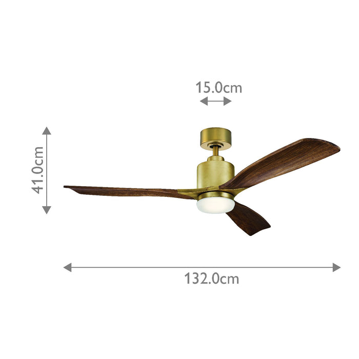 Lustra LED cu Ventilator de Tavan Kichler  Ridley II - 132 cm, Finisaj Alamă Naturală, Palete din Lemn Masiv