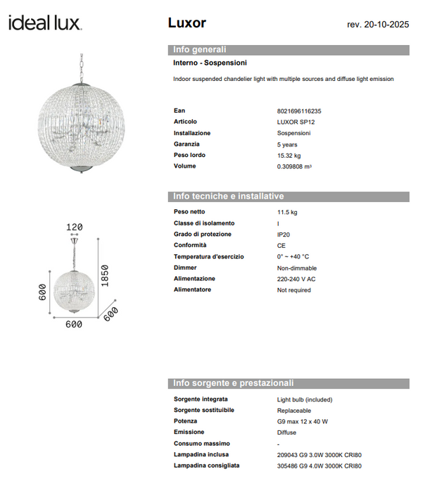 Lustra LUXOR Ideal Lux, G9 max 12 x 40W, Crom, 60 cm
