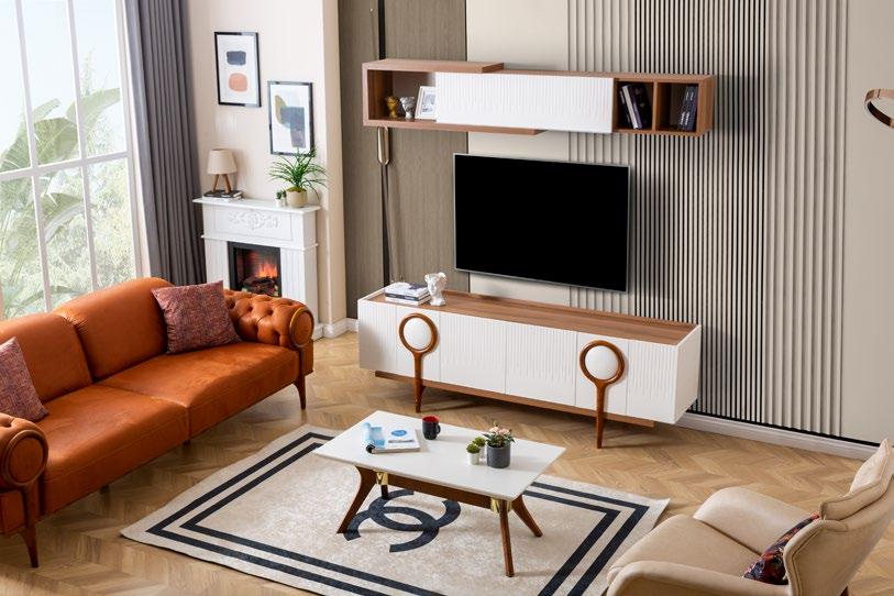 Comodă TV ROLEX ASI HOME, 205 cm, design modern, ivory & stejar, MDF canelat, 2 corpuri