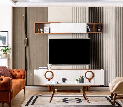 Comodă TV ROLEX ASI HOME, 205 cm, design modern, ivory & stejar, MDF canelat, 2 corpuri