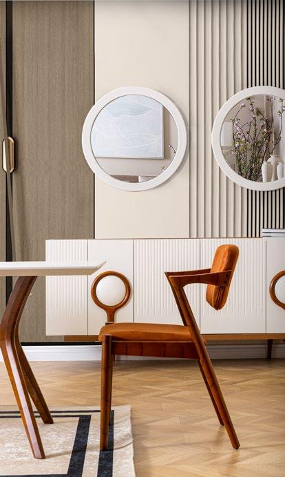 Consolă ROLEX ASI HOME, 180 cm, design modern ivory & stejar, MDF canelat, cu 2 oglinzi rotunde incluse