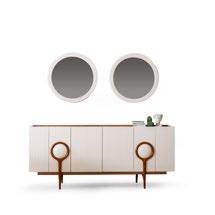 Consolă ROLEX ASI HOME, 180 cm, design modern ivory & stejar, MDF canelat, cu 2 oglinzi rotunde incluse