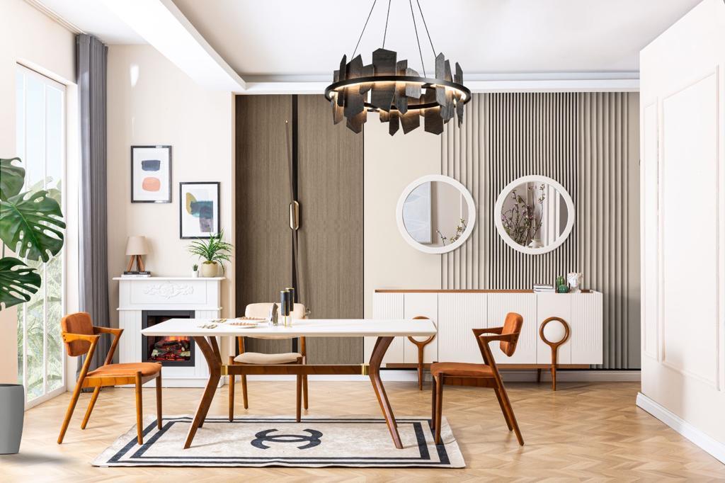 Masă dining ROLEX ASI HOME, 190x90 cm, design modern ivory & stejar, blat MDF, structură lemn masiv