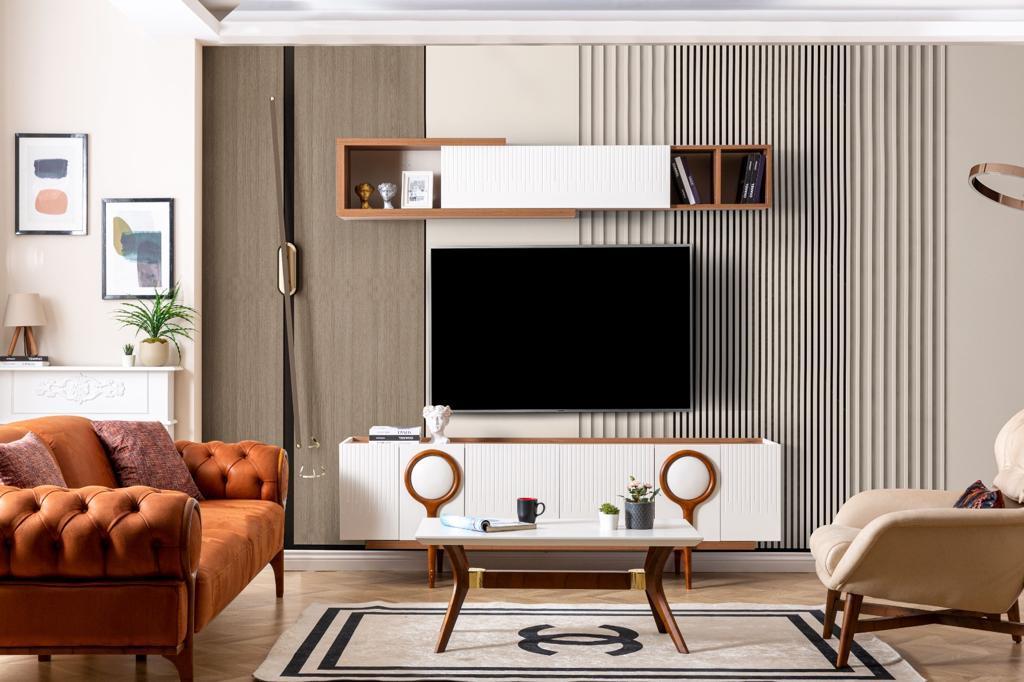 Comodă TV ROLEX ASI HOME, 205 cm, design modern, ivory & stejar, MDF canelat, 2 corpuri
