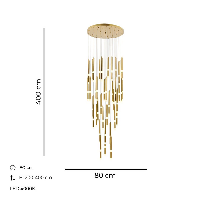 Lustră LED Golden Rain 46 – Ø80 cm, H 200–400 cm, Auriu periat, Luence