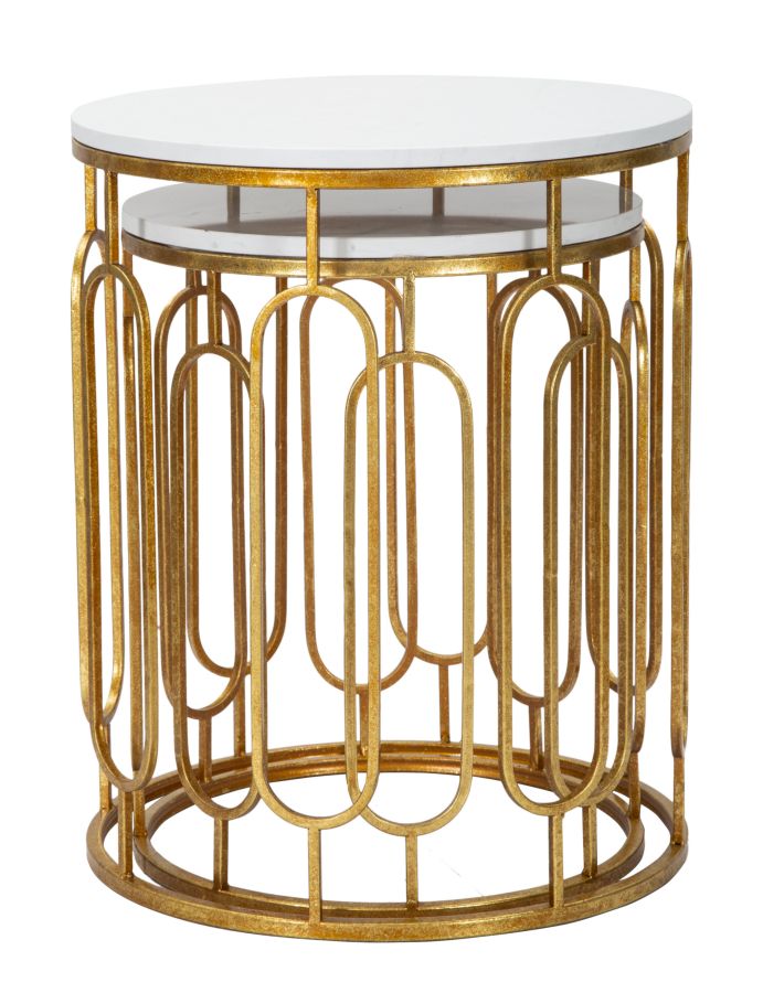 Set Masute Mauro Ferretti Tory Marble Couple, Set 2 Piese,  46X55-39X48 cm, Auriu/Alb