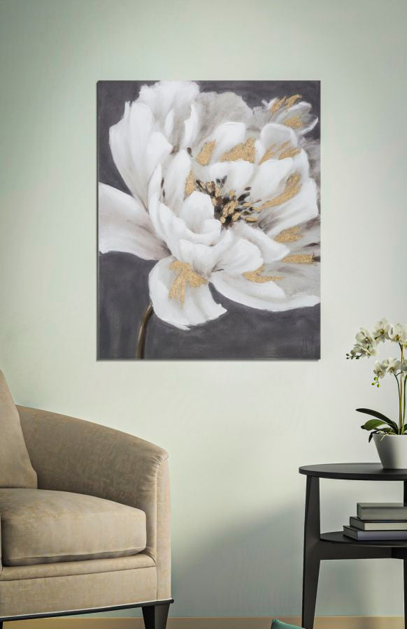 Tablou decorativ Pictat Manual Mauro Ferretti White/Gold Flower, 80X3,7X100 cm, Multicolor