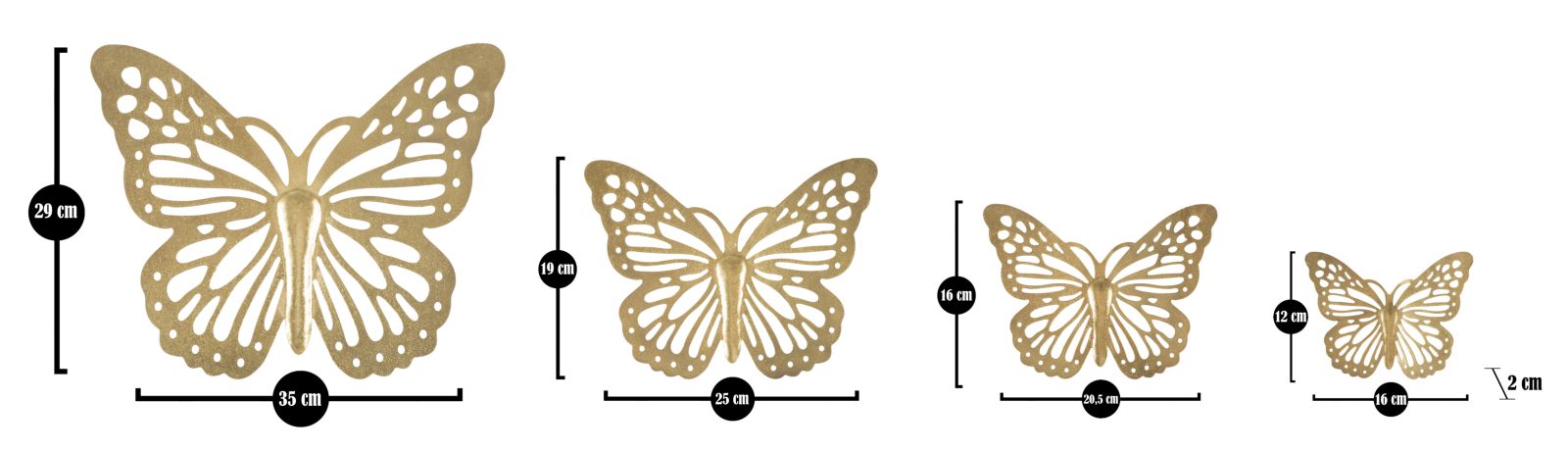 Set Decoratiune de Perete Mauro Ferretti Butterflies, Set 4 Piese, 35X2X29-25X2X19-20,5X2X16-16X2X12 cm, Auriu